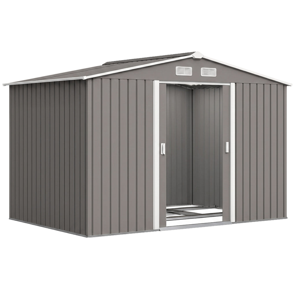 9 x 6FT Outdoor Garden Roofed Metal Storage Shed Tool Box with Foundation Ventilation & Doors Light, Grey