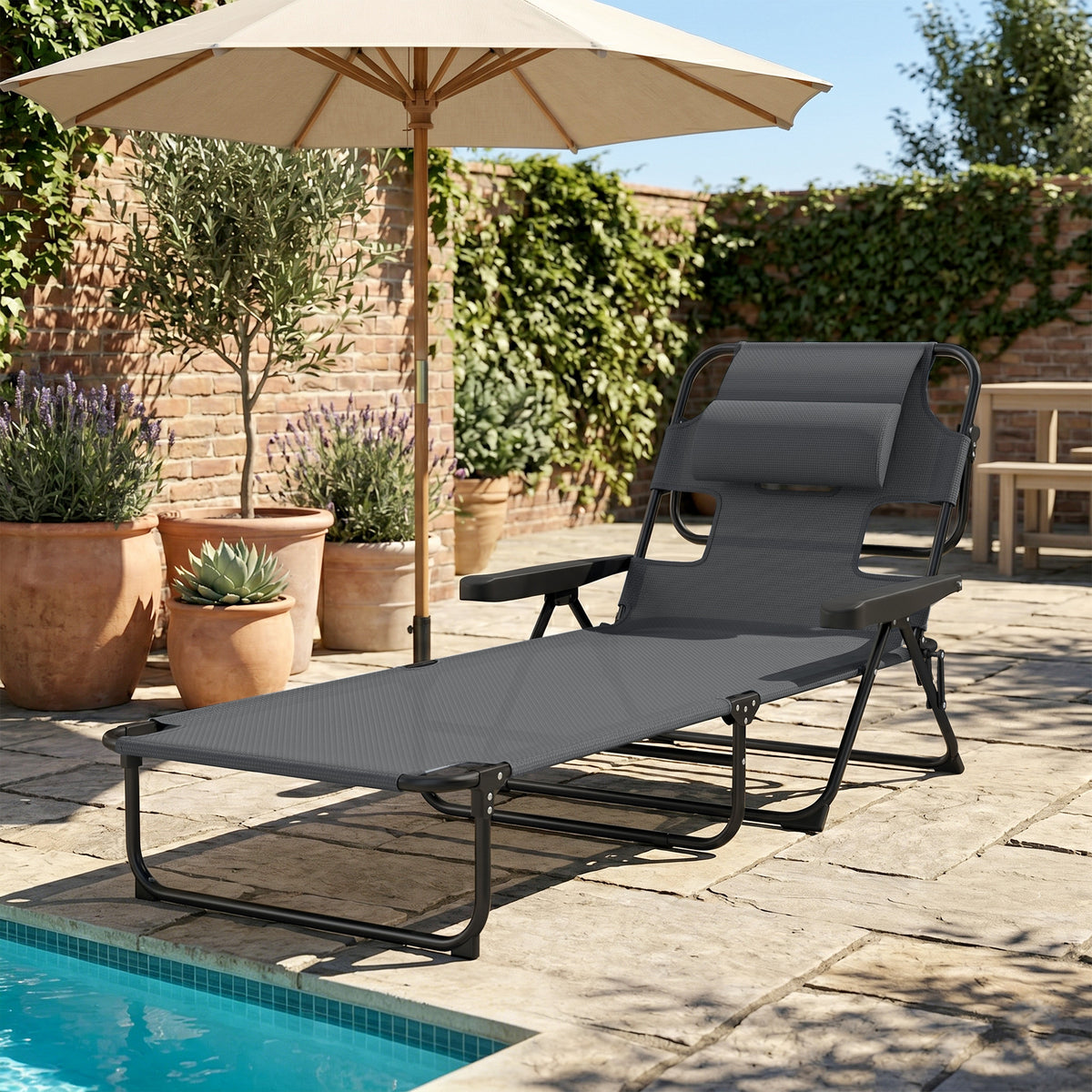 Sonnenliege Gartenliegen Relaxliege, klappbar, wetterbest?ndig, 194 cm x 72 cm x 89 cm, Schwarz + Dunkelgrau