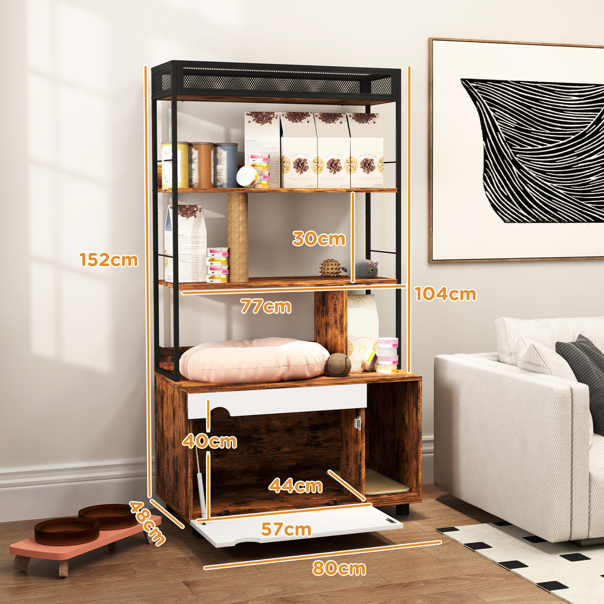 Katzentoilette mit 3-Ebenen-Regal und Kratzpfosten, geschlossenes Katzenklo, 80 x 48 x 152 cm, Braun