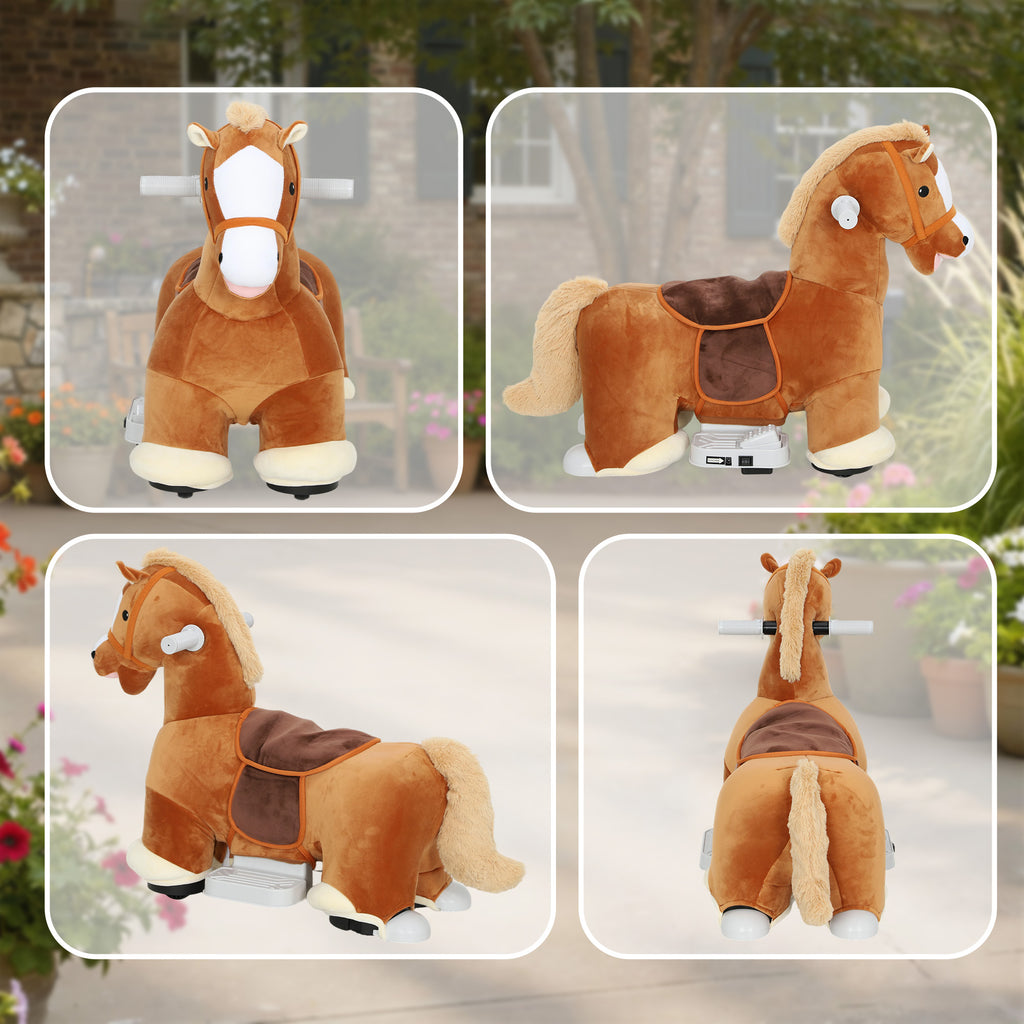 Fahrbares Reitpferd für Kinder, weicher Bezug, Batteriebetrieb, Musik, Räder, 1,5-5 Jahre, Braun