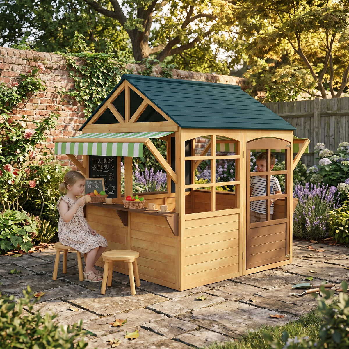 Kinderspielhaus aus Tannenholz, Faltbares Häuschen mit Fenstern, Tür, für Kinder im Alter von 3-8 Jahren, Braun+Blau