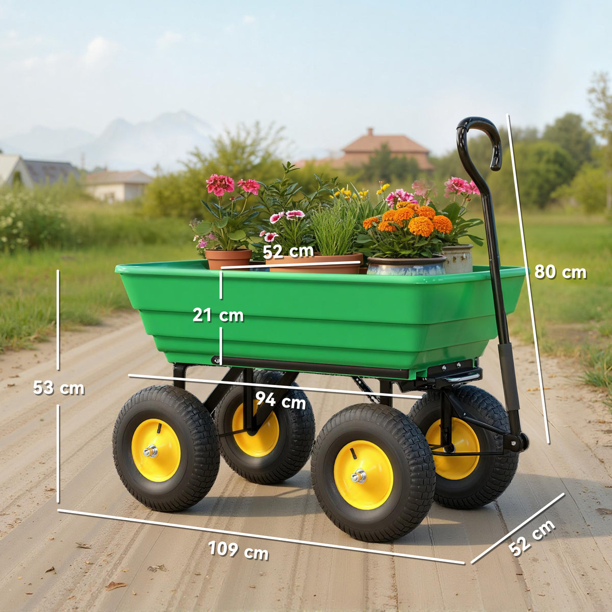 Gartenwagen mit Kippfunktion bis 200 kg Handwagen mit 75 Liter Kunststoffwanne Ziehgriff Luftbereifung Dunkelgrün