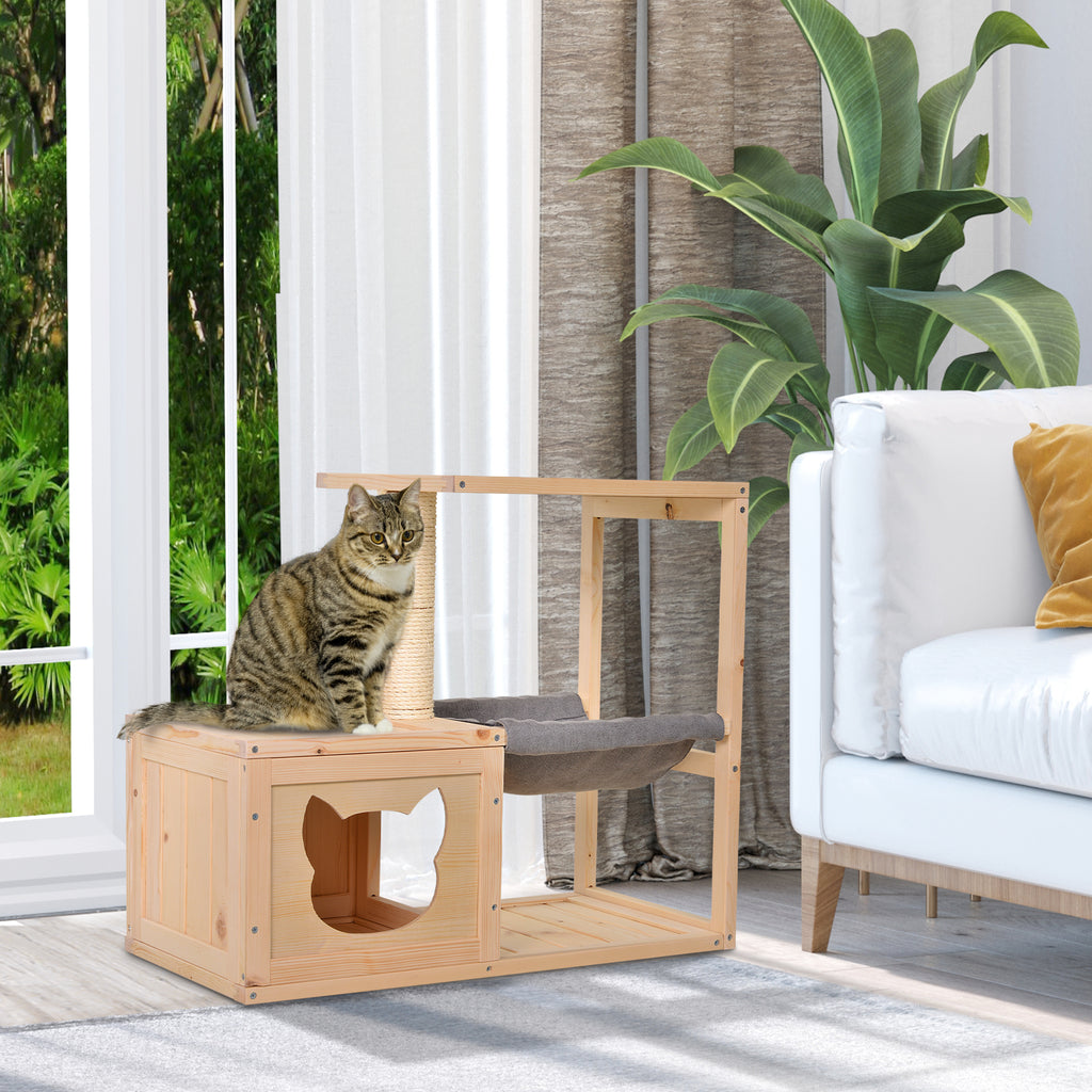Katzenhöhle, Katzenbett mit Hängematte, Sisalstamm, Plattform Katzenhaus aus Holz Kratzbaum für Katzen für Indoor 70 x 35 x 60 cm Natur