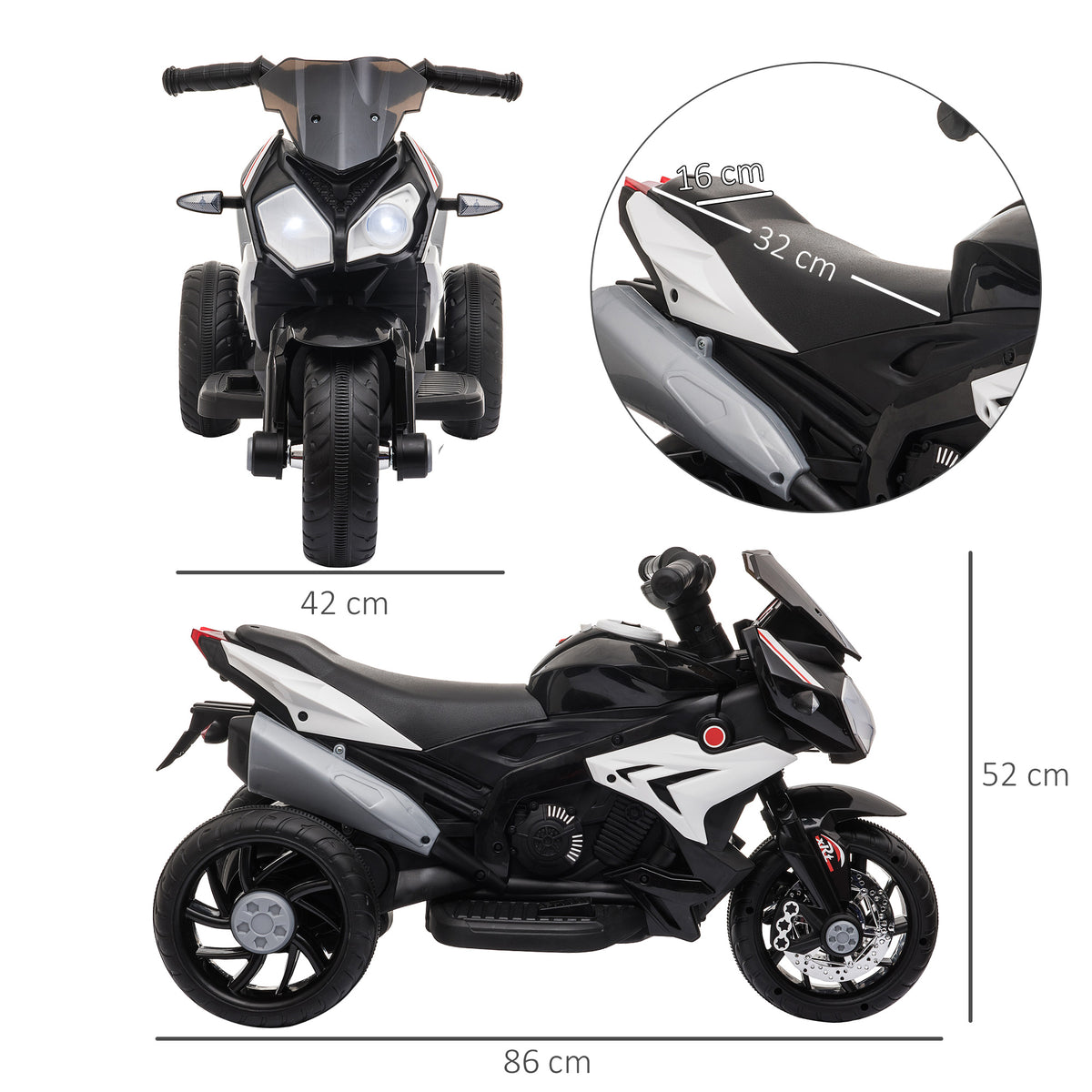 Elektro-Kindermotorrad, Lichter & Ger?usche, 3 km/h, wiederaufladbar, Kunststoff & Metall, Schwarz/Wei?