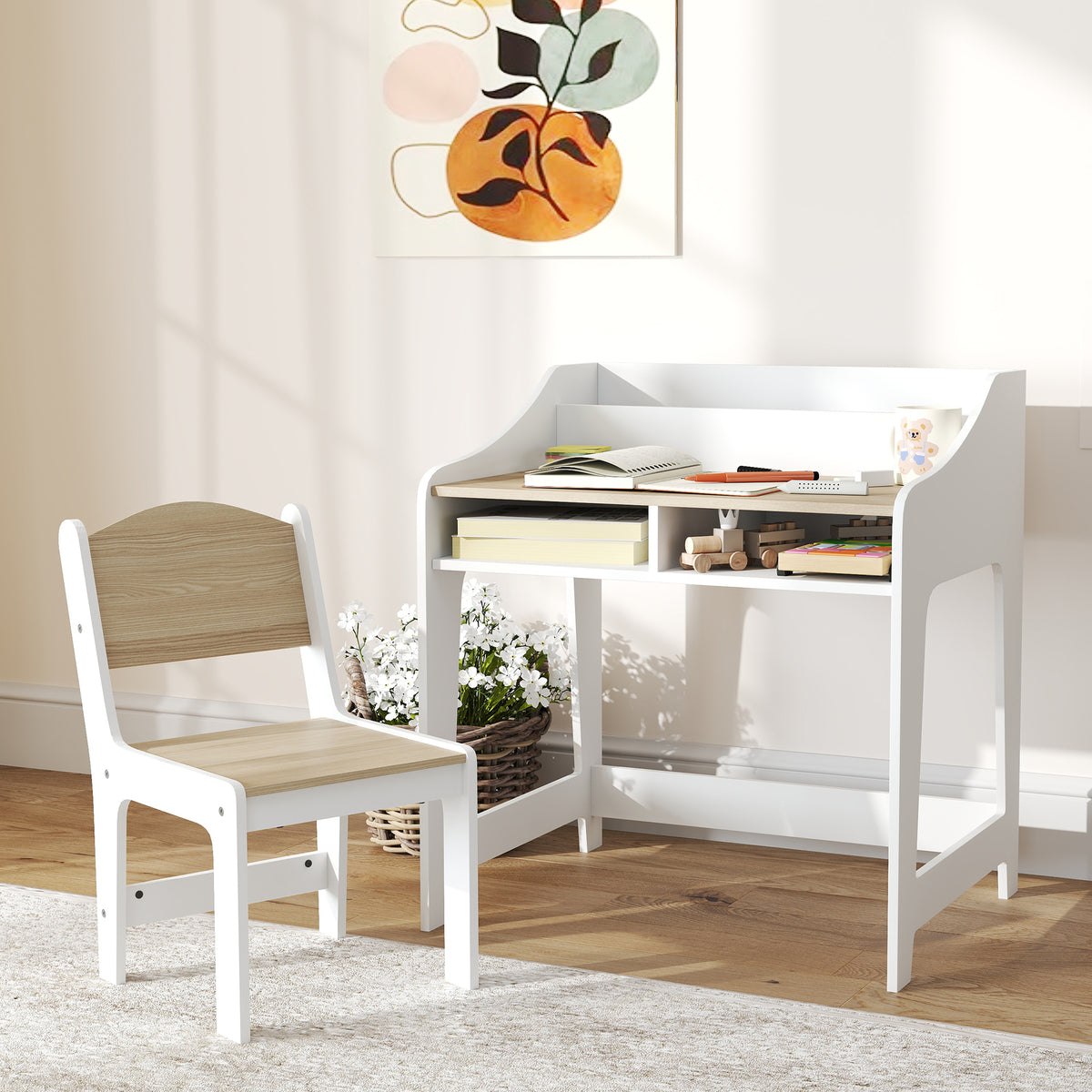 Kids Desk and Chair Set, Children Study Table with Storage and Shelves for Study Room, Gift for 3-8 Years, Natural