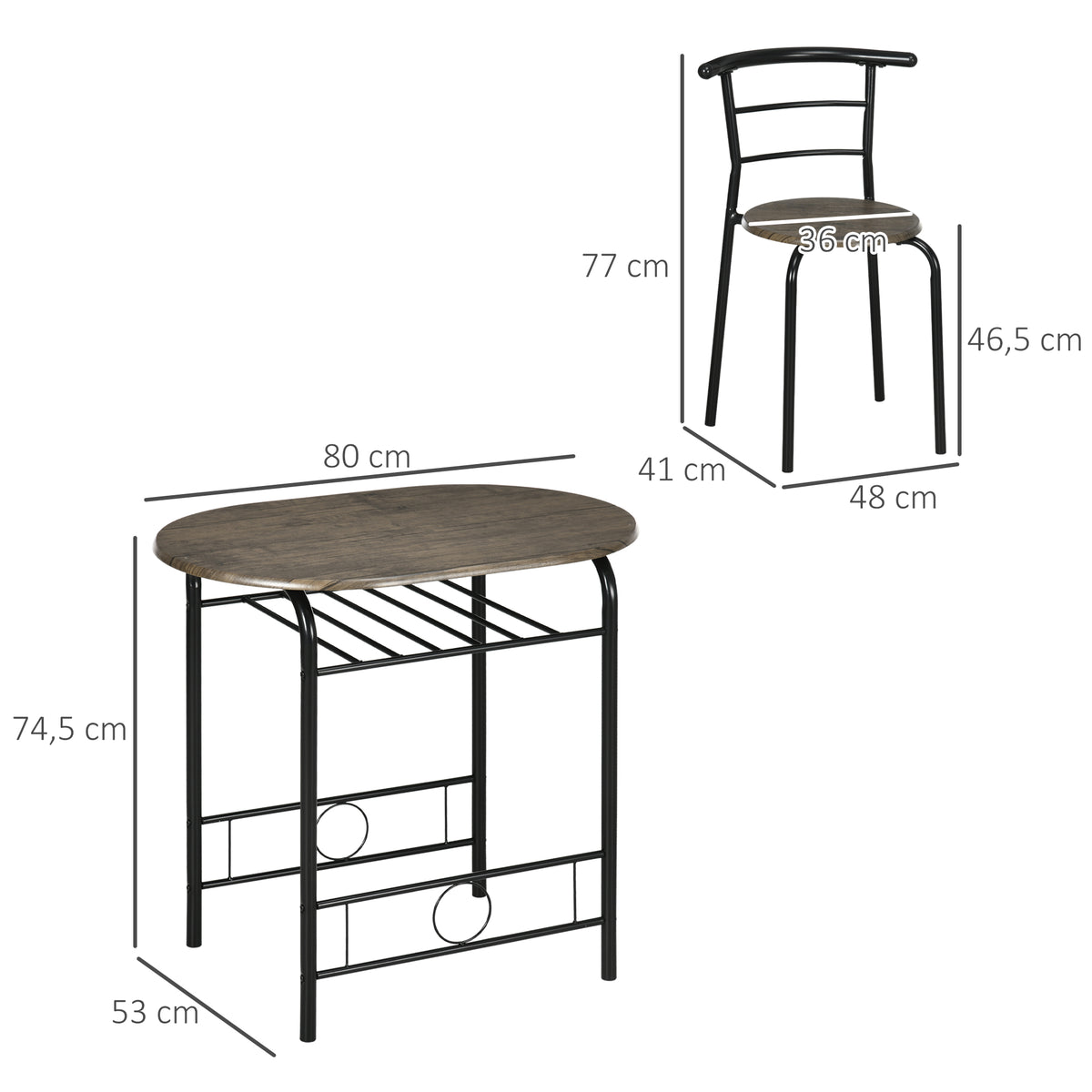 Bistro-Set 3-teilig, 1 Tisch, 2 Stühle, 80 cm x 53 cm x 74,5 cm, Schwarz