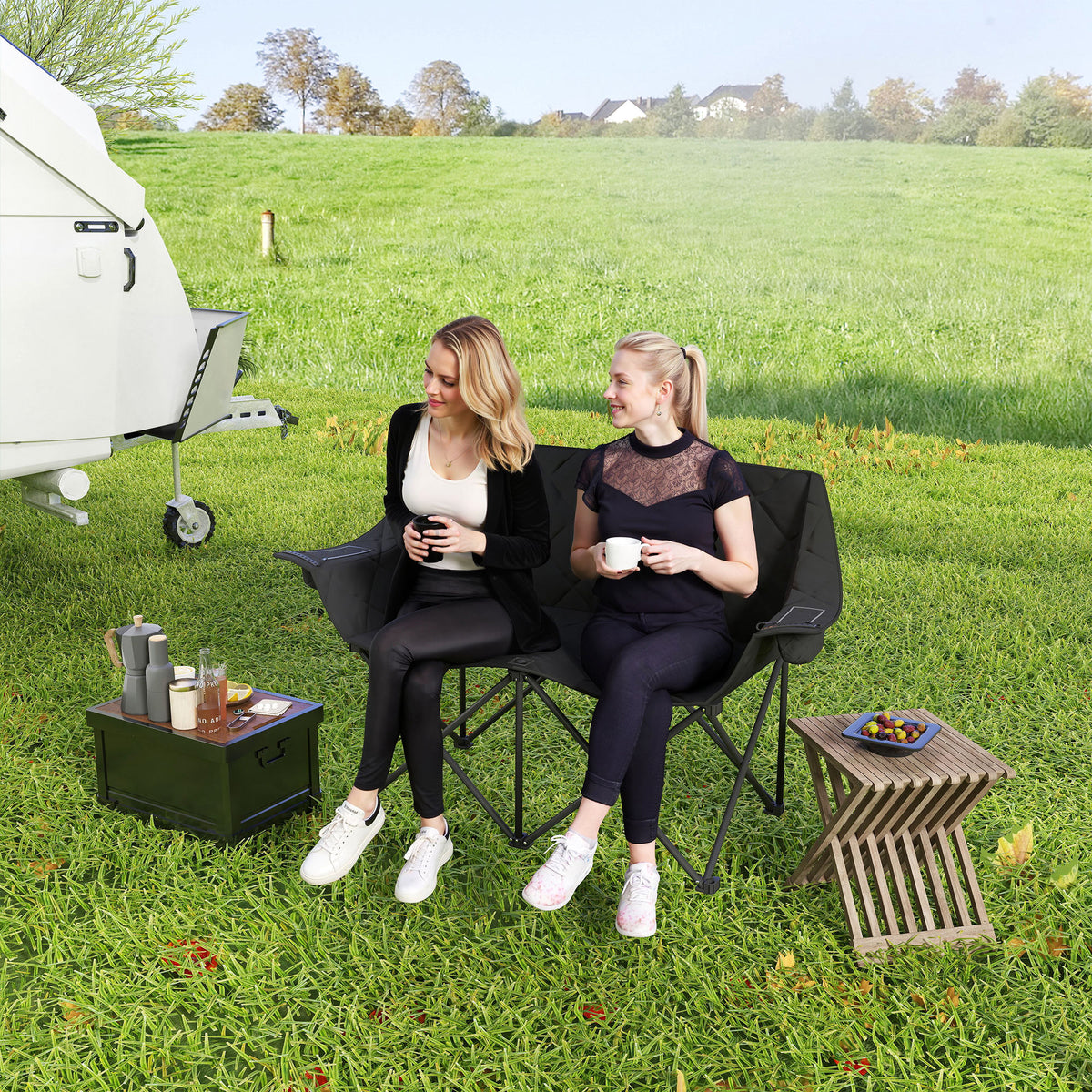 Faltstuhl faltbar 2 Sitzer Campingstuhl mit Tragetasche Outdoor bis 250kg belastbar 145 x 60 x 92 cm Schwarz