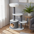 Kratzbaum mit 1 Katzenhöhle, 1 Katzenbett, 2 Plattformen, Jute-Seilspfosten, Weiß + Grau