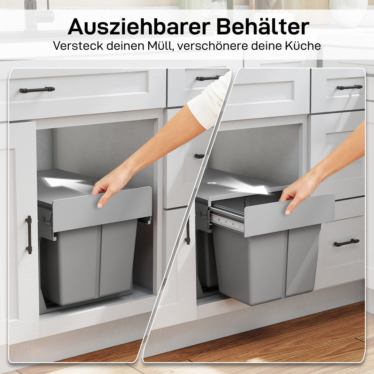 Pull Out Bin, Under Sink Bin - 3 Removable Compartments (15L + 2 x 8L) for 400mm Cabinets, Light Grey