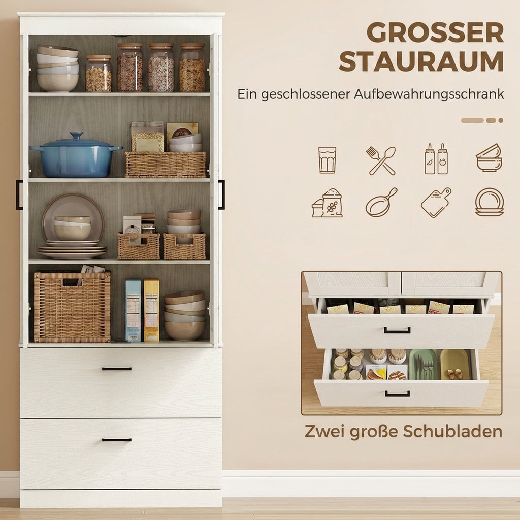 Küchenschrank, Hochschrank 2 Schubladen 75x39x178 cm Cremeweiß