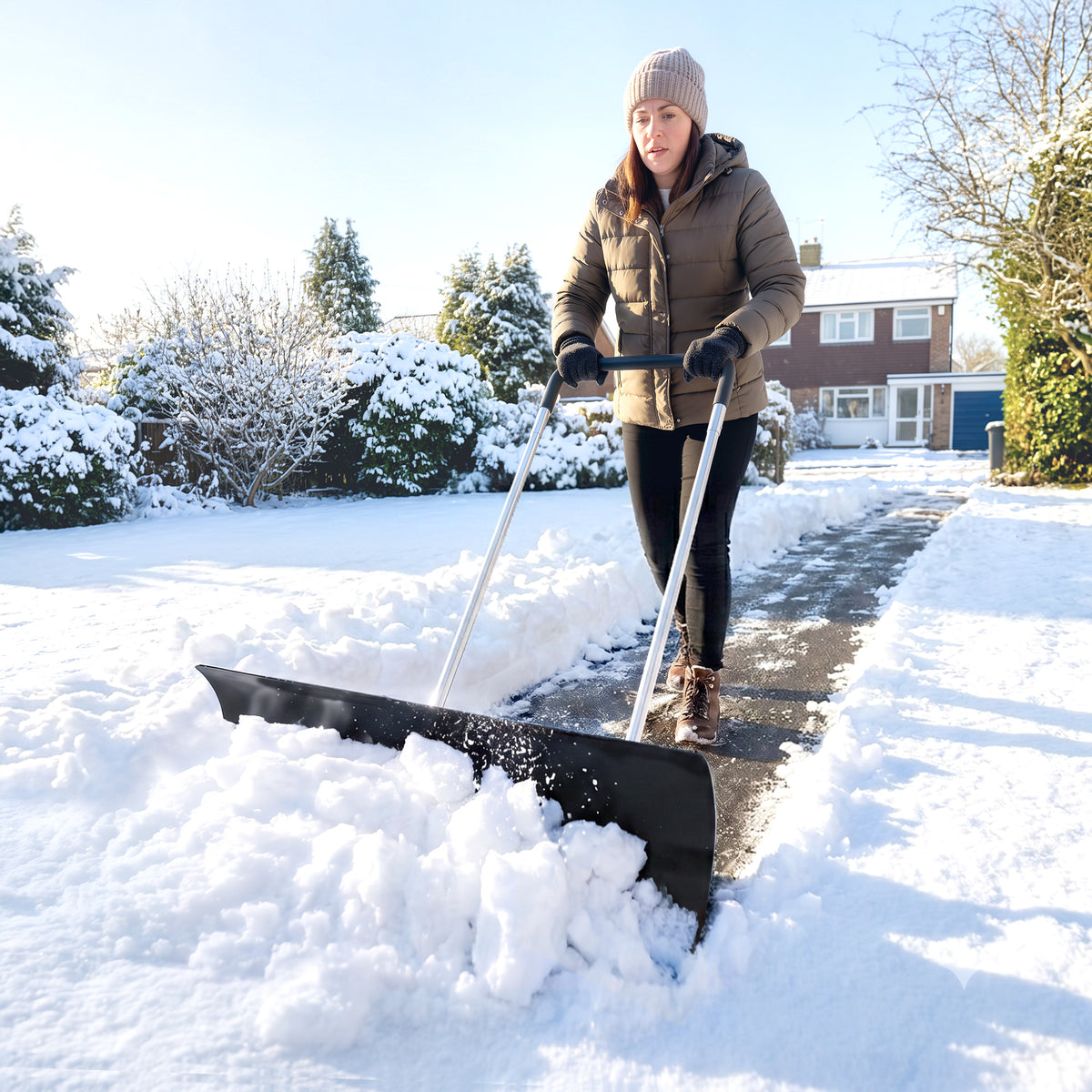 Schneeschieber groß 95 cm extra breit Aluminium Schneeschaufel mit Rädern verstellbar & rutschfest Griff, angewinkelt