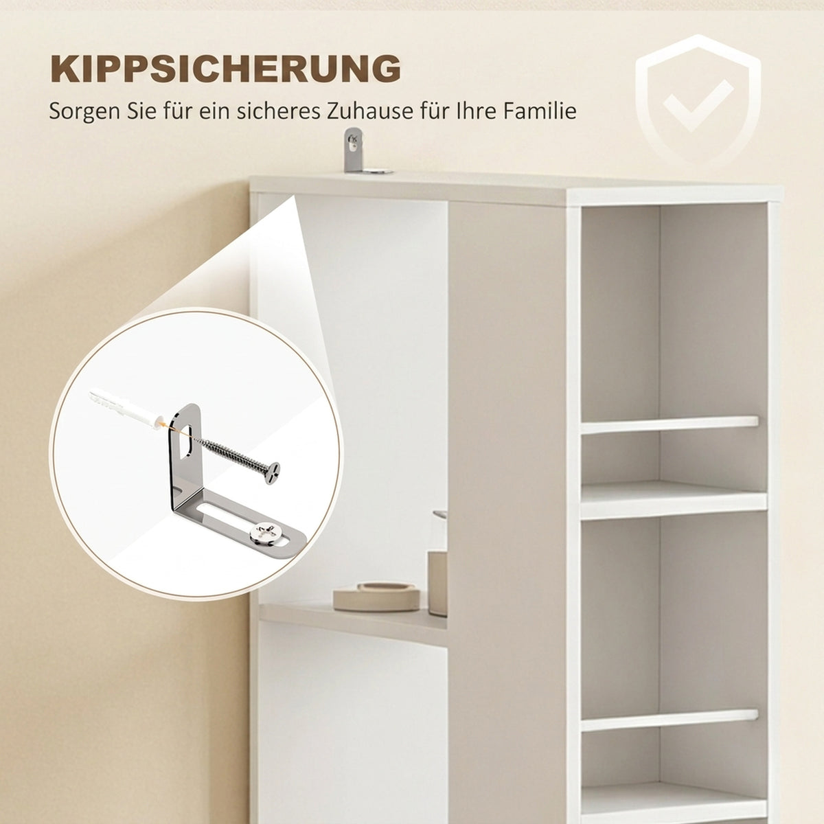 Schmaler hoher Badezimmerschrank, 135 cm Badschrank mit 2 Schubladen, weiß