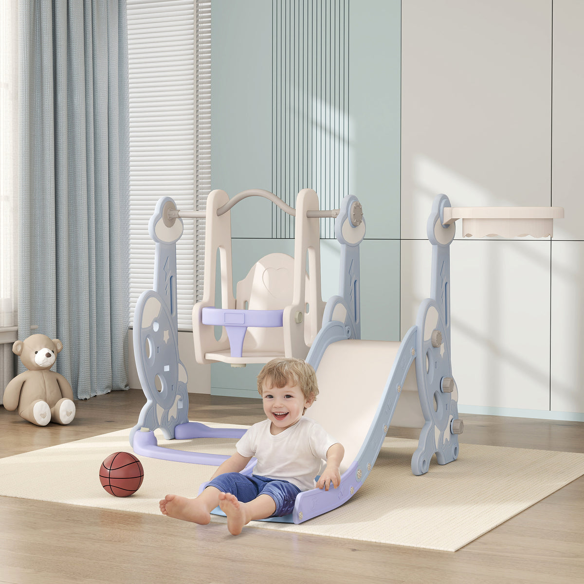 4-in-1 Indoor-Spielplatz, Rutsch- und Schaukelset f¨¹r Kleinkinder, Basketballkorb, Raketendesign, Kunststoff, Hellblau
