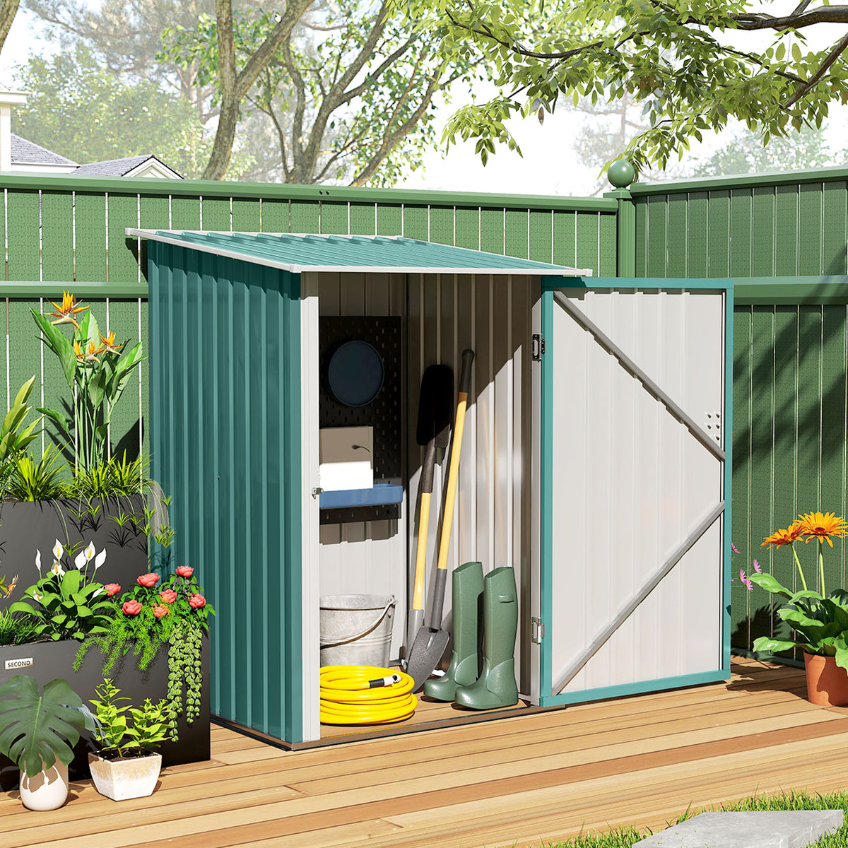 3.3 x 3.4ft Lean To Steel Garden Shed, with Locking Door - Green