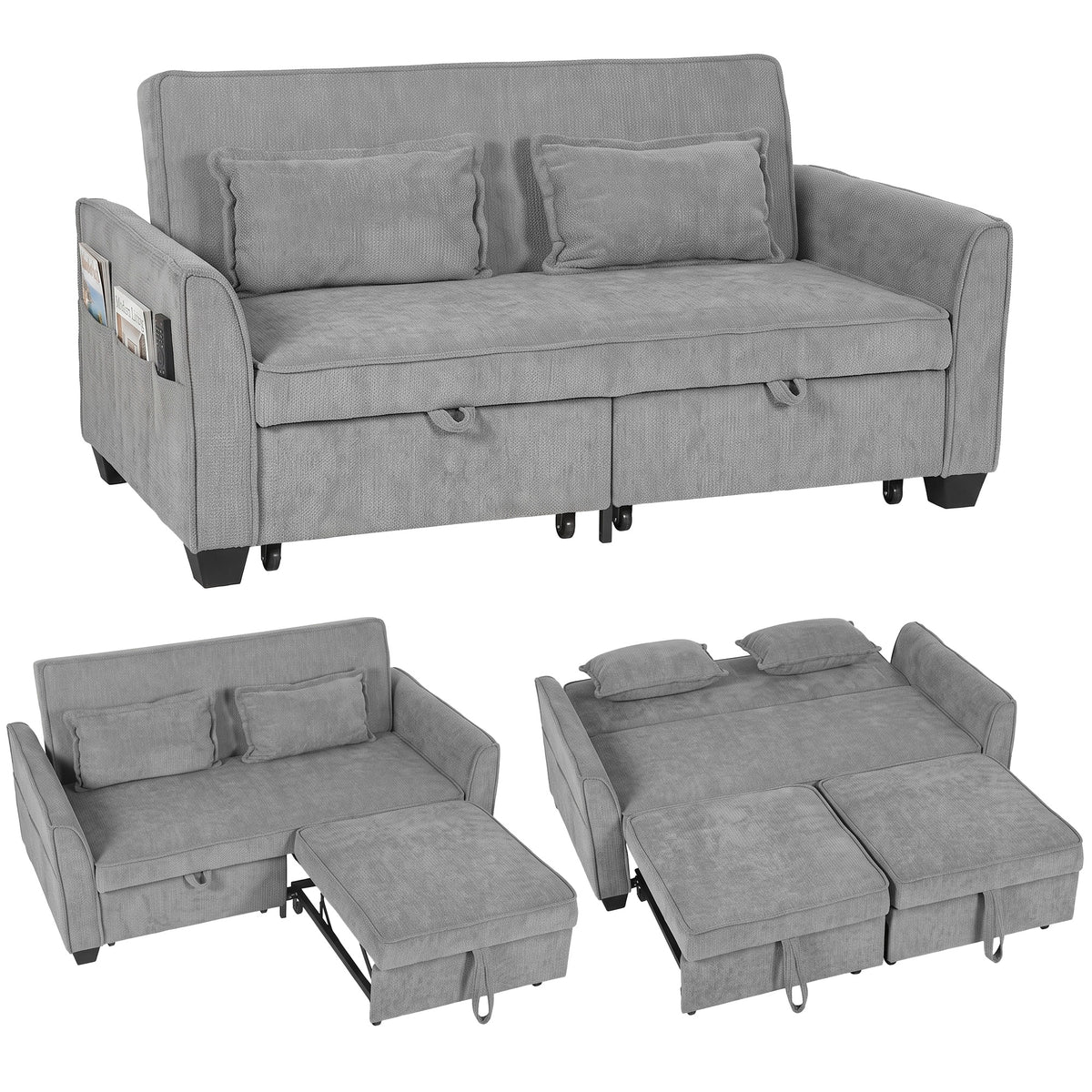 2-Sitzer-Schlafsofa, 4-in-1 L-förmiges Ausziehsofa mit verstellbarer Rückenlehne und Seitentaschen, Grau