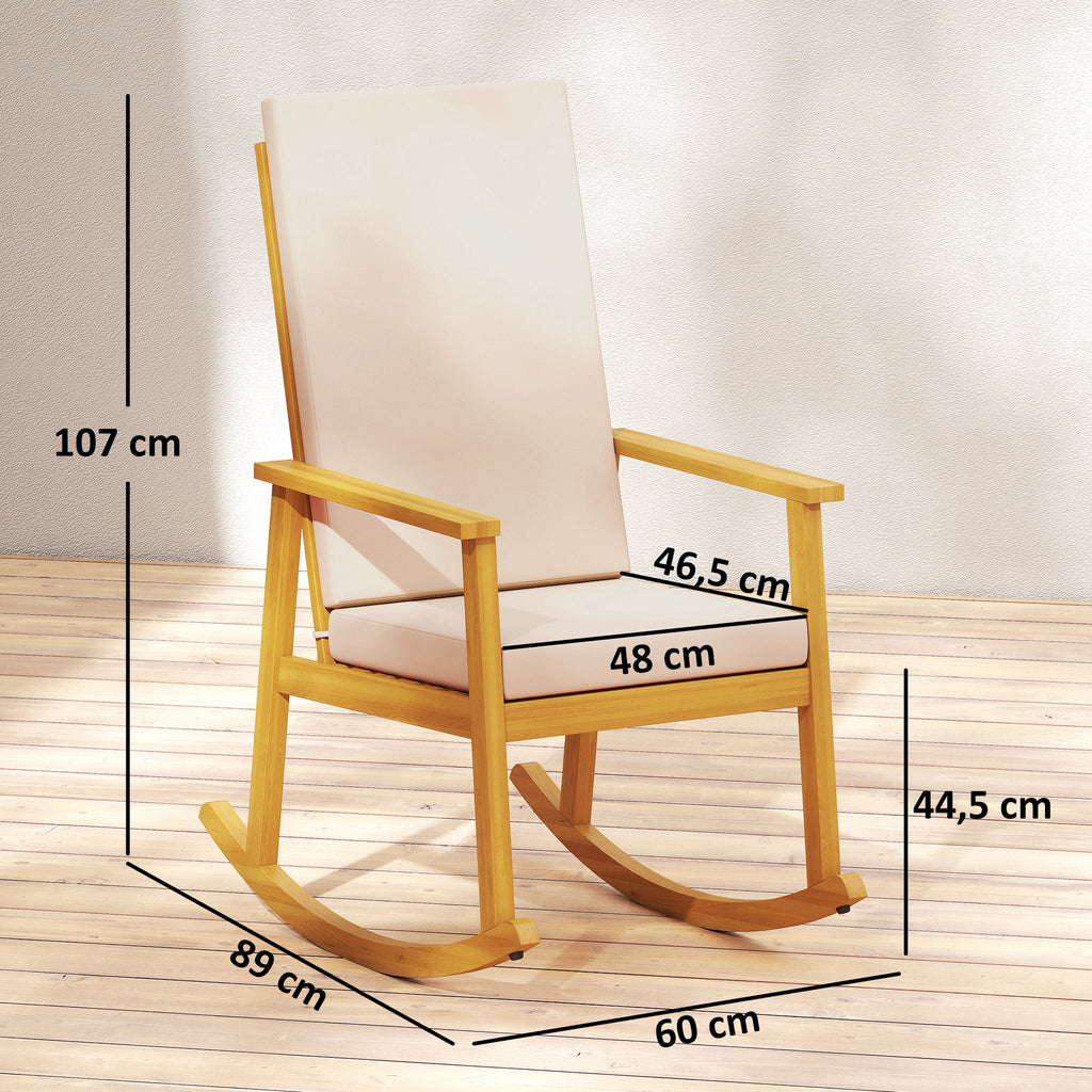Schaukelstuhl aus Akazienholz Schaukelsessel mit hoher Rückenlehne Kissen bis 160 kg 60 x 89 x 107 cm Beige