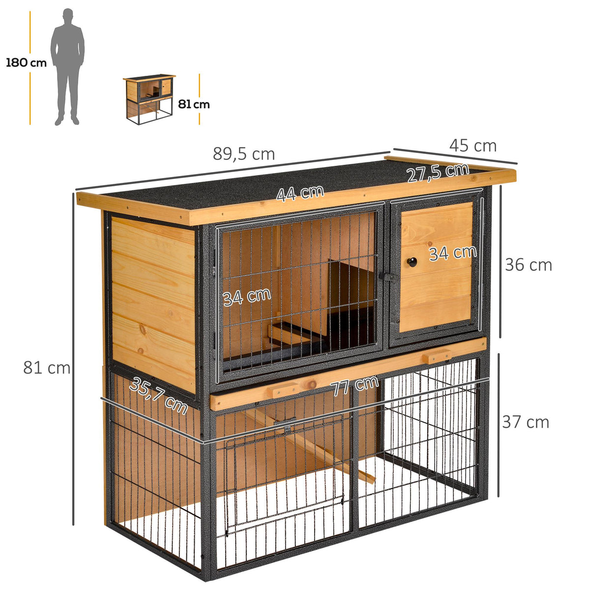  Guinea Pig Hutch Rabbit Hutch Wood-metal Elevated Pet House Bunny Cage with No-Leak Tray Ramp Openable Roof Outdoor 89.5 x 45 x 81cm Light Yellow