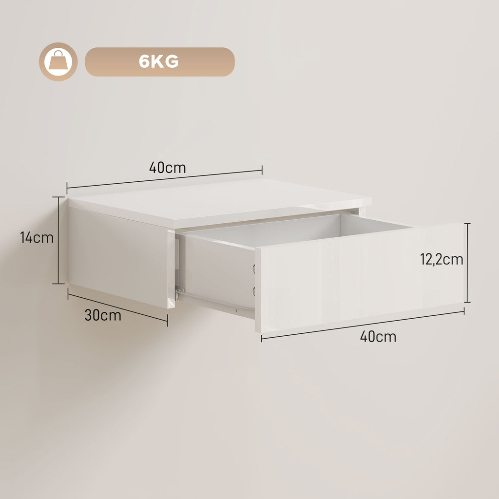 Floating Bedside Table Set of 2, Wall-Mounted Nightstand with High Gloss Finish & Storage Drawer, White