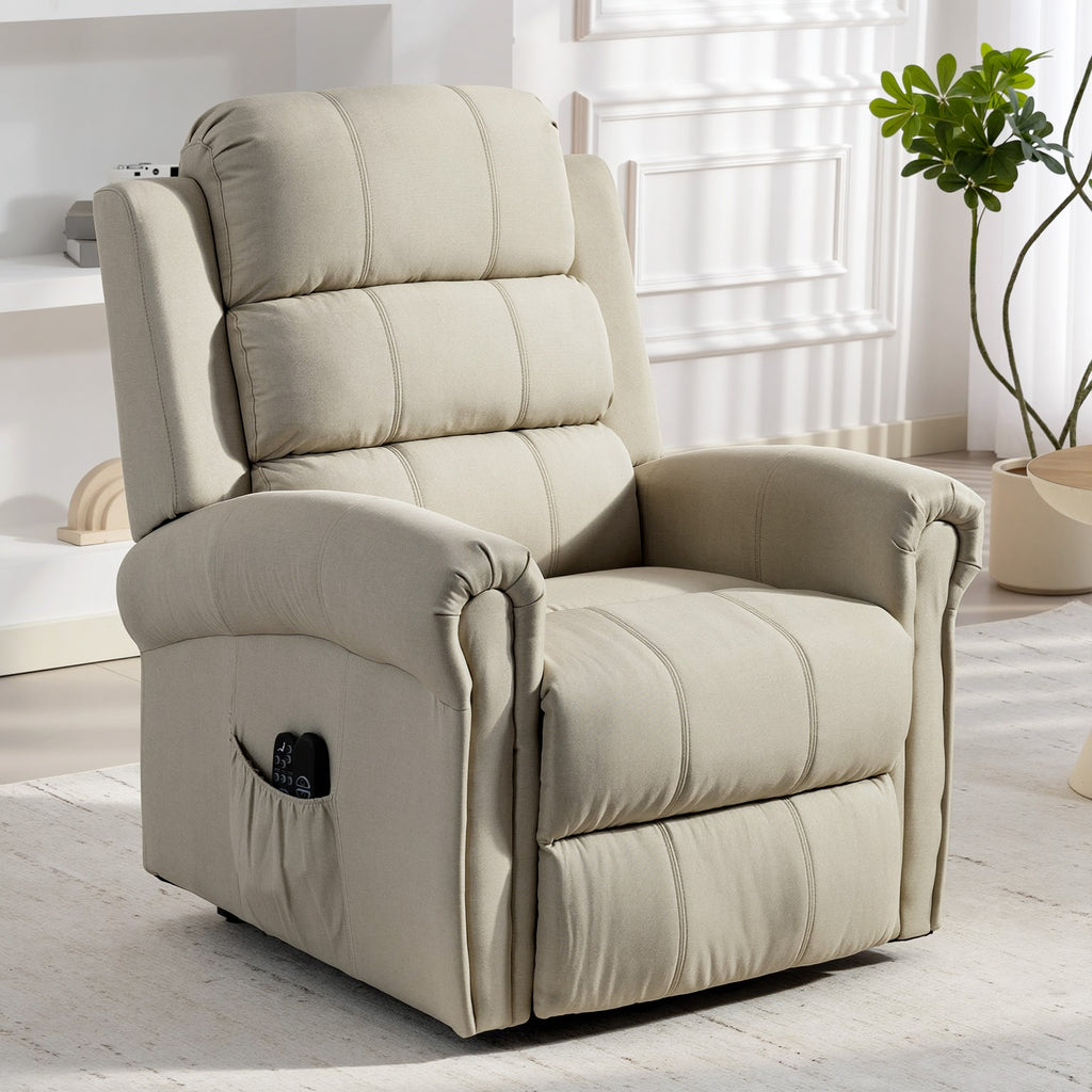 Massagesessel mit Aufstehhilfe, Relaxsessel, Vibrationsköpfe, mit Neigefunktion, Leinenoptik, Beige