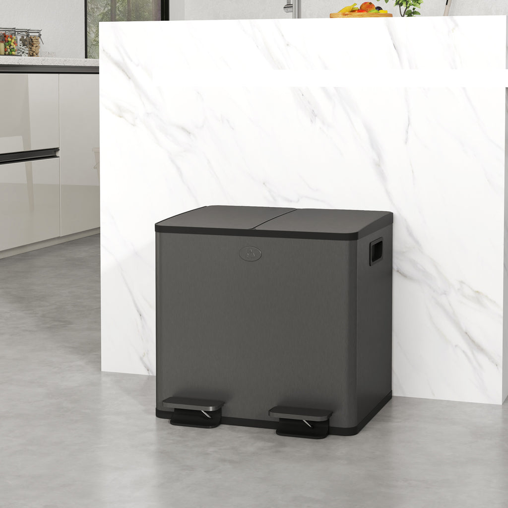 30L Dual Compartment Stainless Steel Bin, with Deodoriser Holders - Black