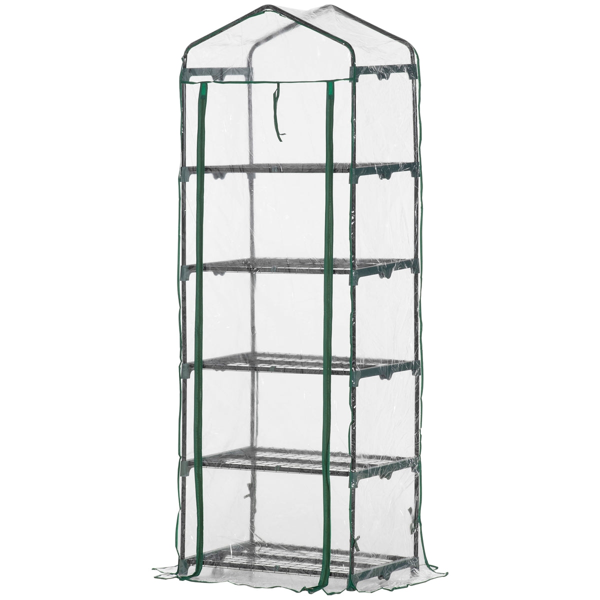  5 Tier Mini Greenhouse, Portable Greenhouse with Reinforced Plastic Cover, Garden Grow House with Roll Up Door and Shelves, 69 x 49 x 193cm, Green
