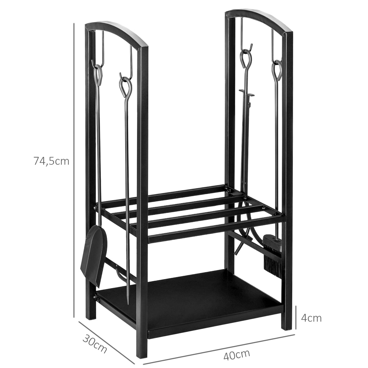 Kaminholzständer, Brennholzregal, 2 Etagen, Kaminbesteck, bis 100 kg, Stahl, Schwarz, 40 x 30 x 74,5 cm