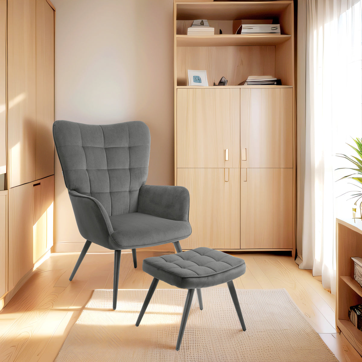 Relaxsessel mit Ottomane Sessel mit Fußhocker, 2-teiliges Set, Grau