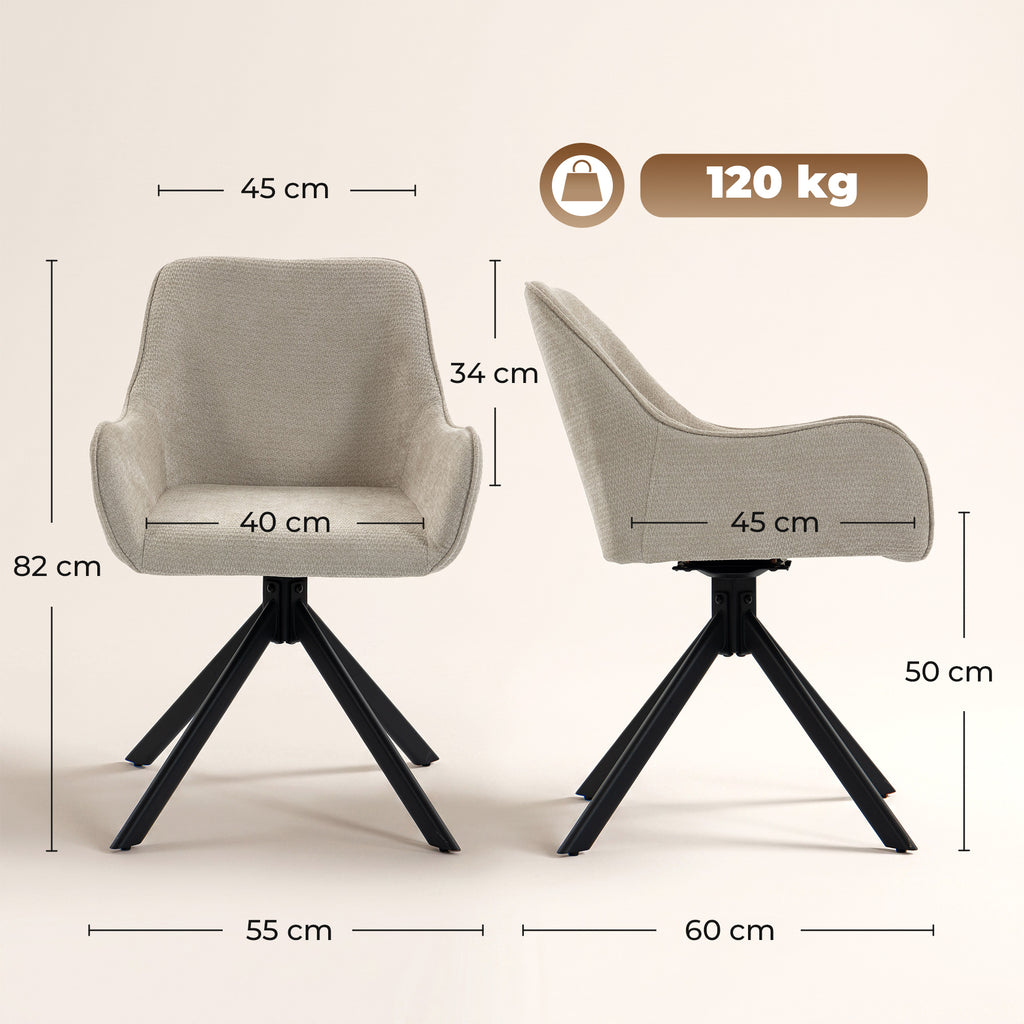 Esszimmerstühle 2er-Set, Drehbarer Küchenstuhl mit Armlehnen, Metallrahmen für Wohnzimmer, Esszimmer, Beige