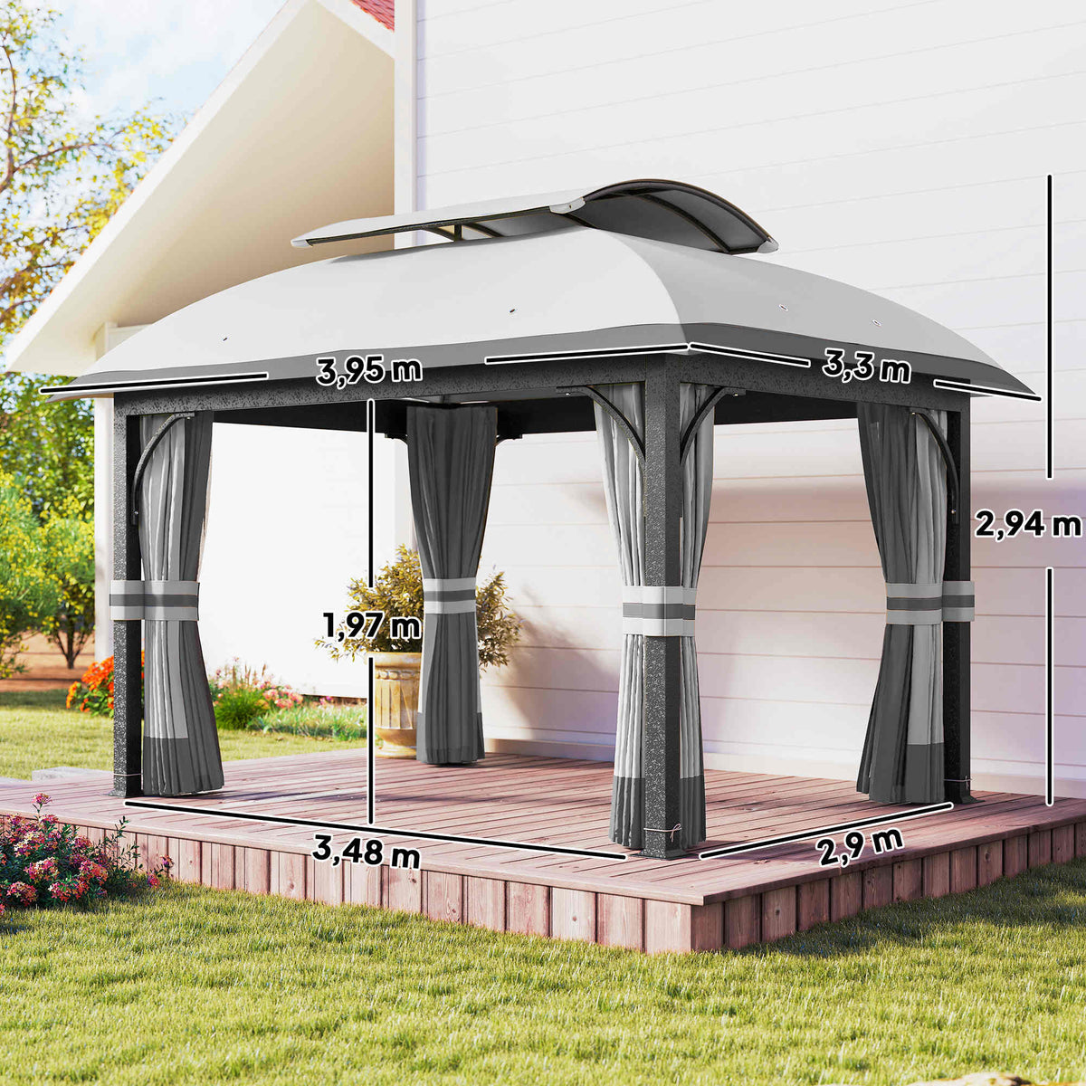 Gartenpavillon, 3,3 x 4 m Gartenzelt mit Netz-Vorhängen, zweistufiges Dach, Kunstleder-Bezug, Metallrahmen, Hellgrau