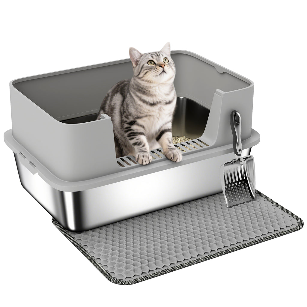 High Sided Stainless Steel Litter Box, Metal Cat Litter Tray with Metal Scoop, Litter Mat, Never Absorbs Odors, Grey