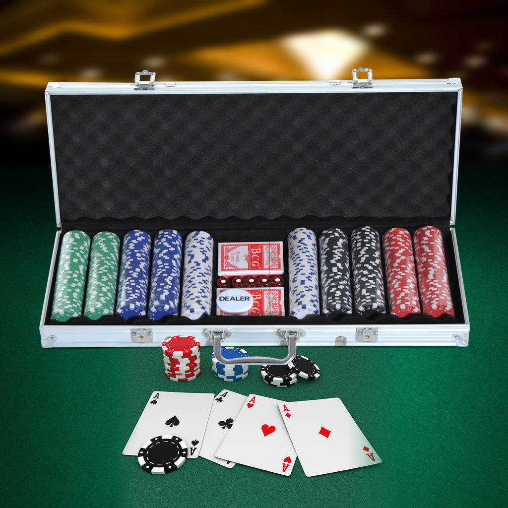 500PCs Poker Chip Set Casino Games 2 Card Decks, Dealer Button, Dice w/Lockable Aluminum Case