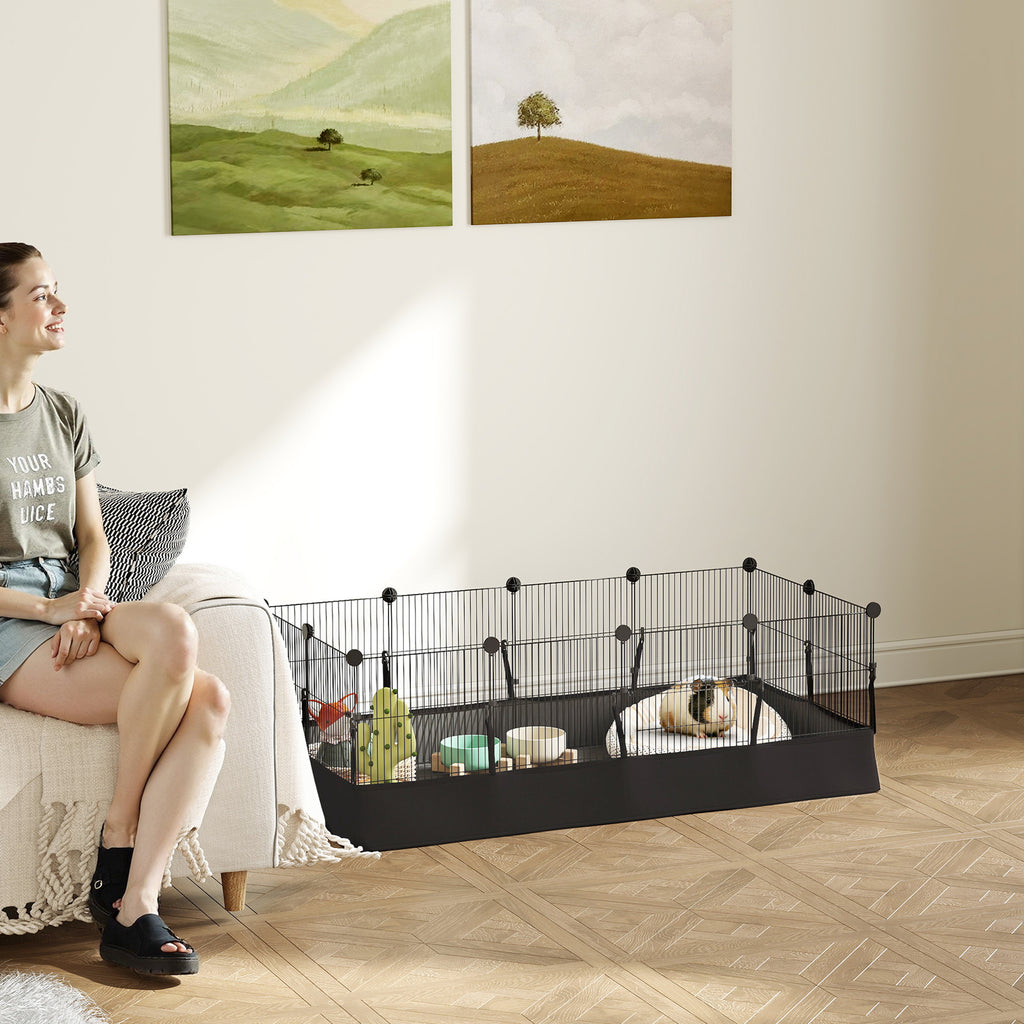 Kleintiergehege mit Bodenplatten Freilaufgehege Laufstall mit 12 Paneel, wasserdichte Matte, 120x60x40 cm, Schwarz