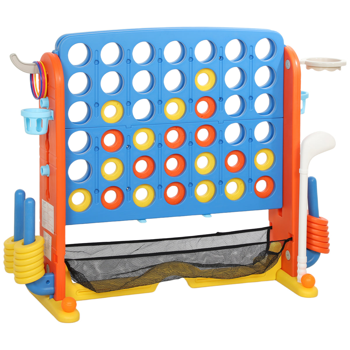 4-in-1 Spiele-Set, Vier Gewinnt, h?henverstellbar, Netz-Tasche, Kunststoff, Bunt