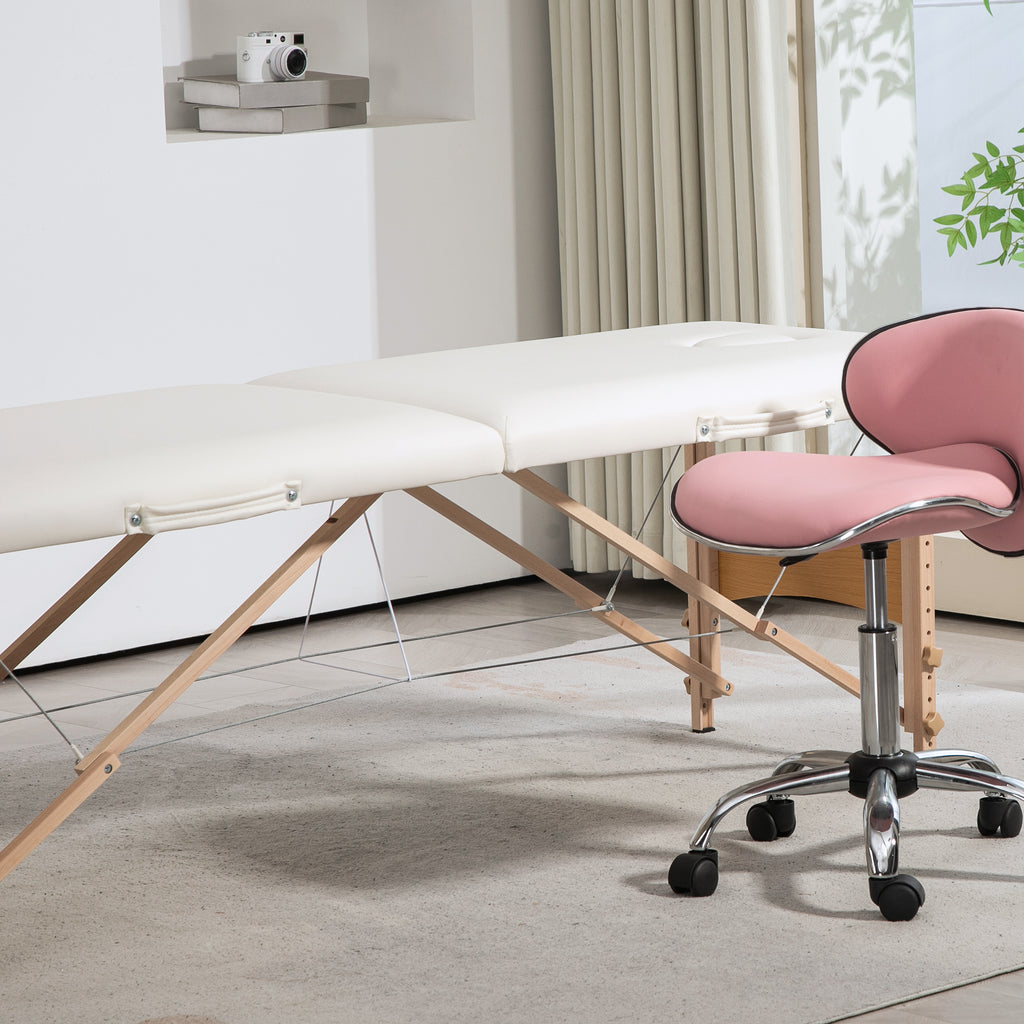 Mobile Massageliege 2 Zonen Klappbar Höhenverstellbar Massagetisch 60 cm Breit mit Tragetasche Holzfüßen Cremeweiß