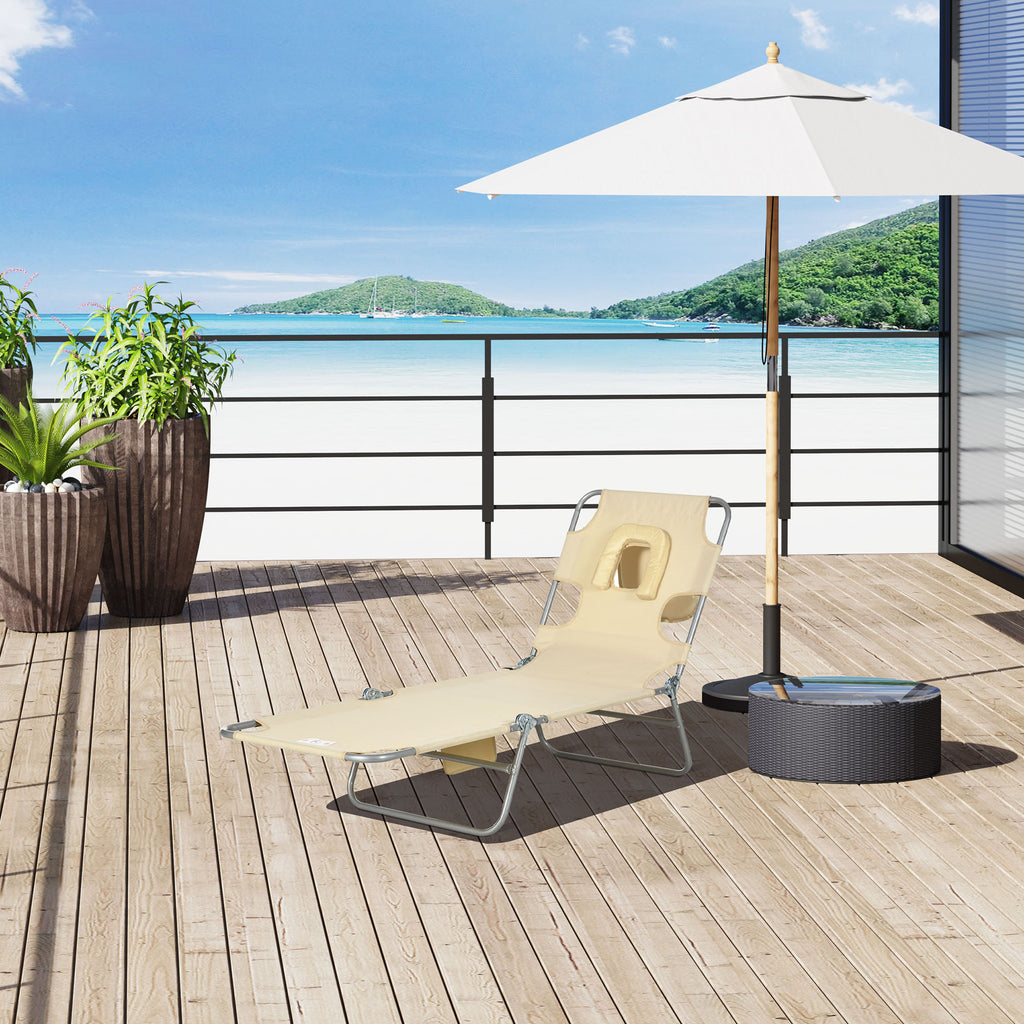 Foldable Sun Lounger, Beach Chaise Lounge with Reading Hole, Arm Slots, 5-Position Adjustable Backrest, Side Pocket, Pillow for Garden, Beach, Camping, Beige
