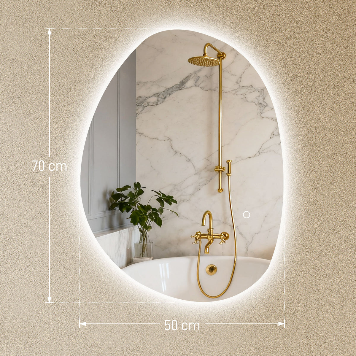 70 x 50 cm Asymmetrischer Badspiegel mit LED-Licht, Smart Touch Schalter, Anti-Beschlag-Funktion, Silber