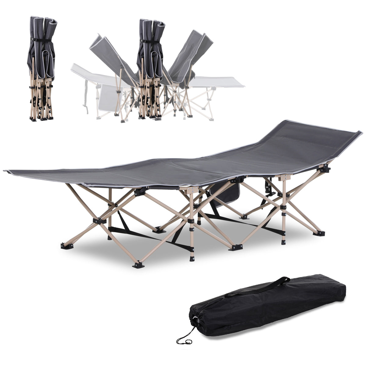 Single Steel Frame Portable Camping Cot, with Carry Bag - Grey