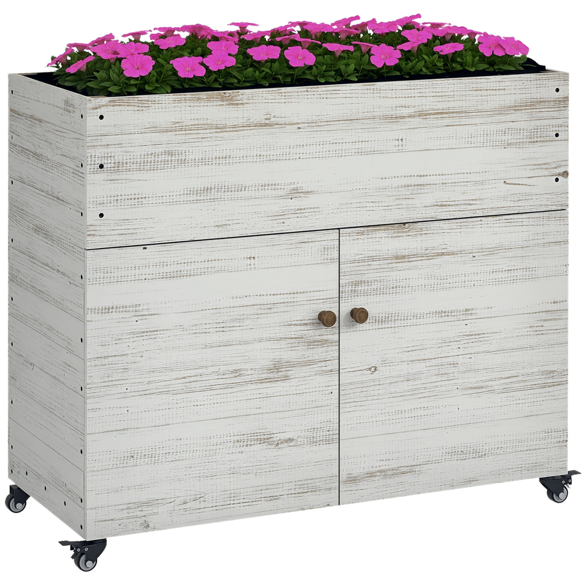 Hochbeet mit R?dern, Schrankfach, Innenauskleidung, Used Look, 110x50x95 cm, Wei?
