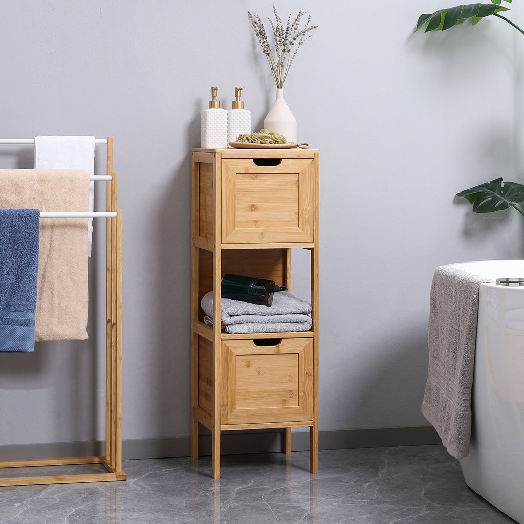 Badezimmerschrank aus Bambus, 1 Regal, 2 Schubladen, 30 cm x 30 cm x 90 cm; Natur