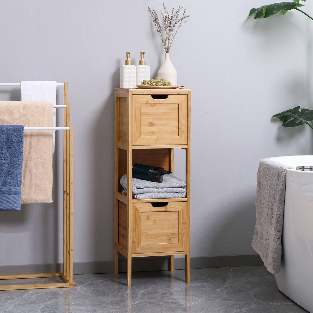 Badezimmerschrank aus Bambus, 1 Regal, 2 Schubladen, 30 cm x 30 cm x 90 cm; Natur