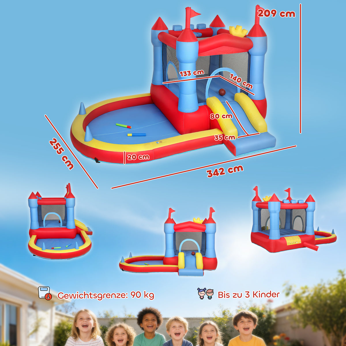 Aufblasbar Hüpfburg mit Gebläse Rutsche Trampolin Planschbecken/Bällebad Wasserpistole 342x255x209 cm Blau
