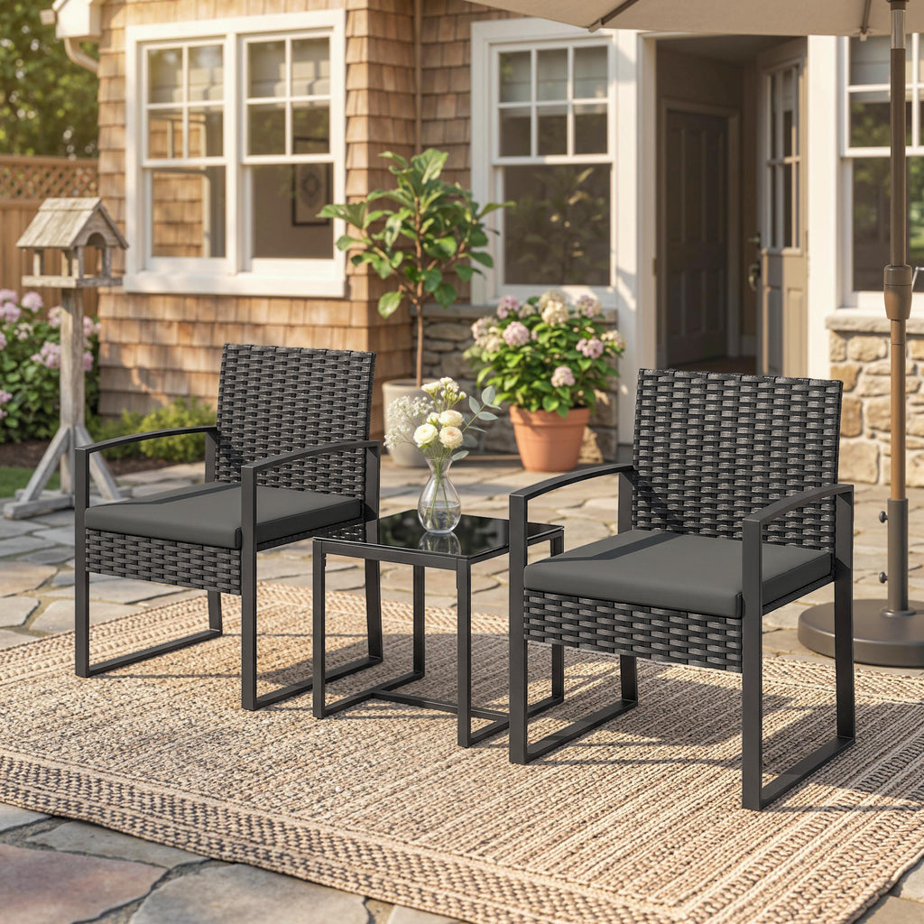 Rattan Bistroset, 3 teiliges Gartenmöbel-Set mit 2 Gartenstühlen, Couchtisch, abnehmbar Kissen Dunkelgrau