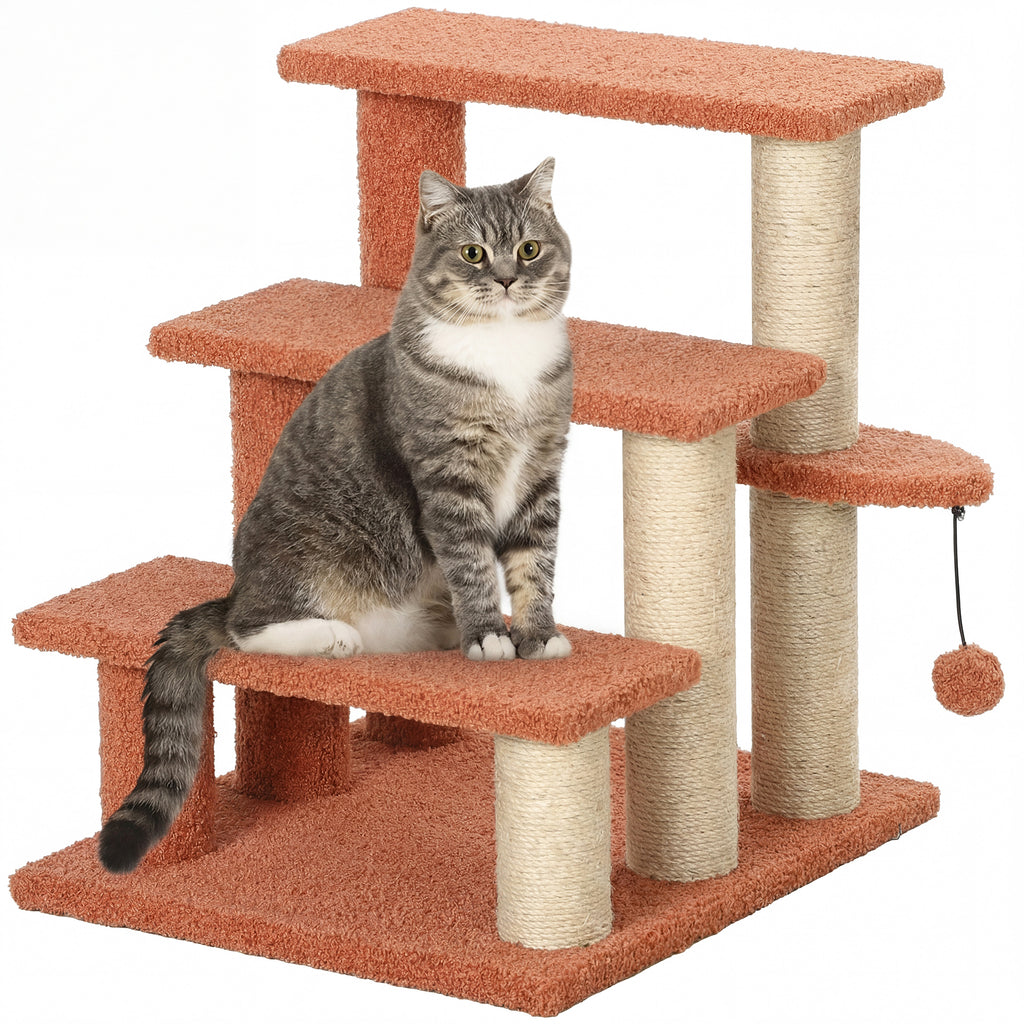 Kratzbaum, Haustiertreppe, 3 Stufen, Spielball, bis 5 kg, 45x40x48cm, Braun