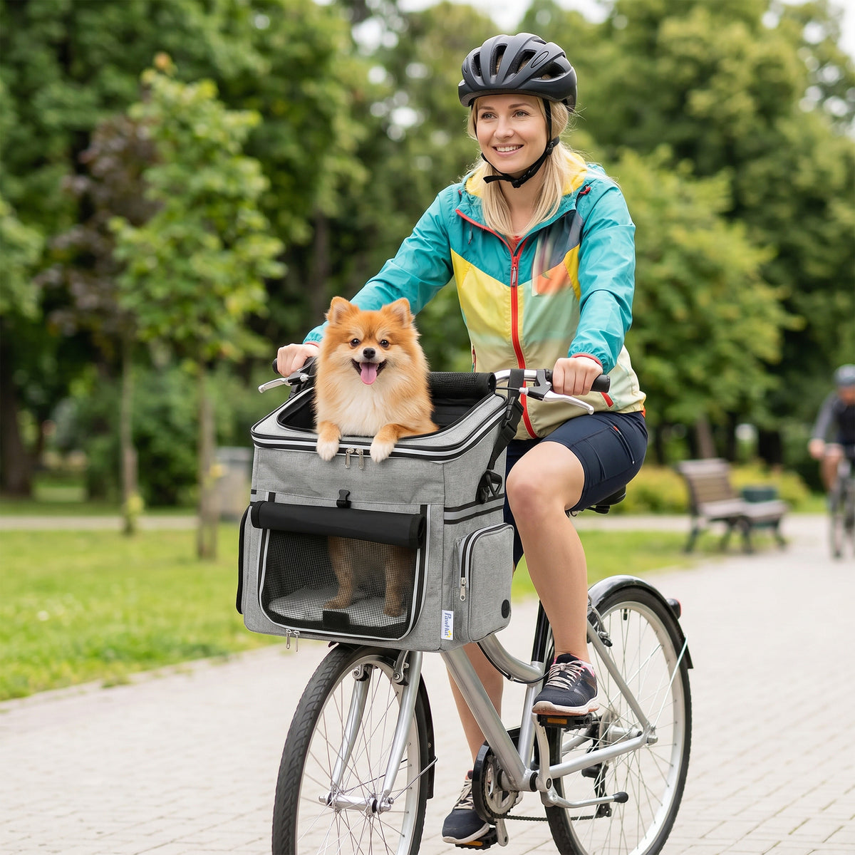 Hundekorb Fahrrad Vorne Tragbar Hundefahrradkorb mit Sicherheitsleine Kissen Schüssel für Kleine Hunde bis 5kg Hellgrau