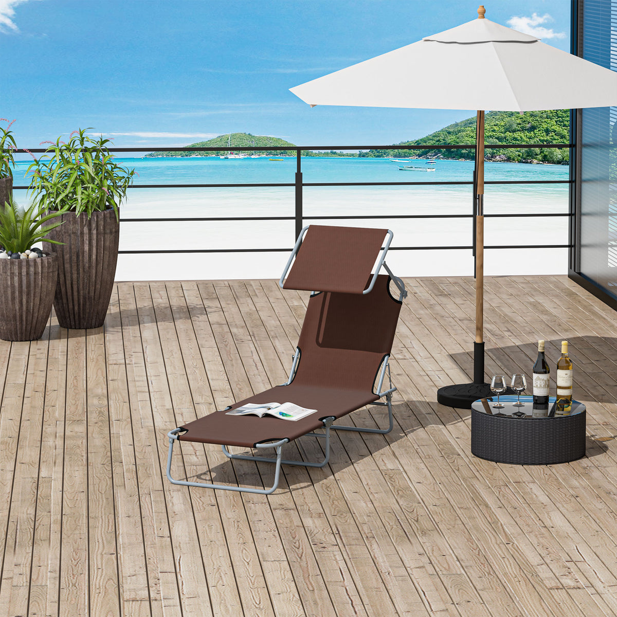  Sonnenliege klappbar Gartenliege mit Sonnenschutz Liegestuhl mit 4-Fach verstellbare Rückenlehne Campingliege bis 120kg belastbar für Garten, Balkon und Pool geeignet, 6 Farben(Braun )