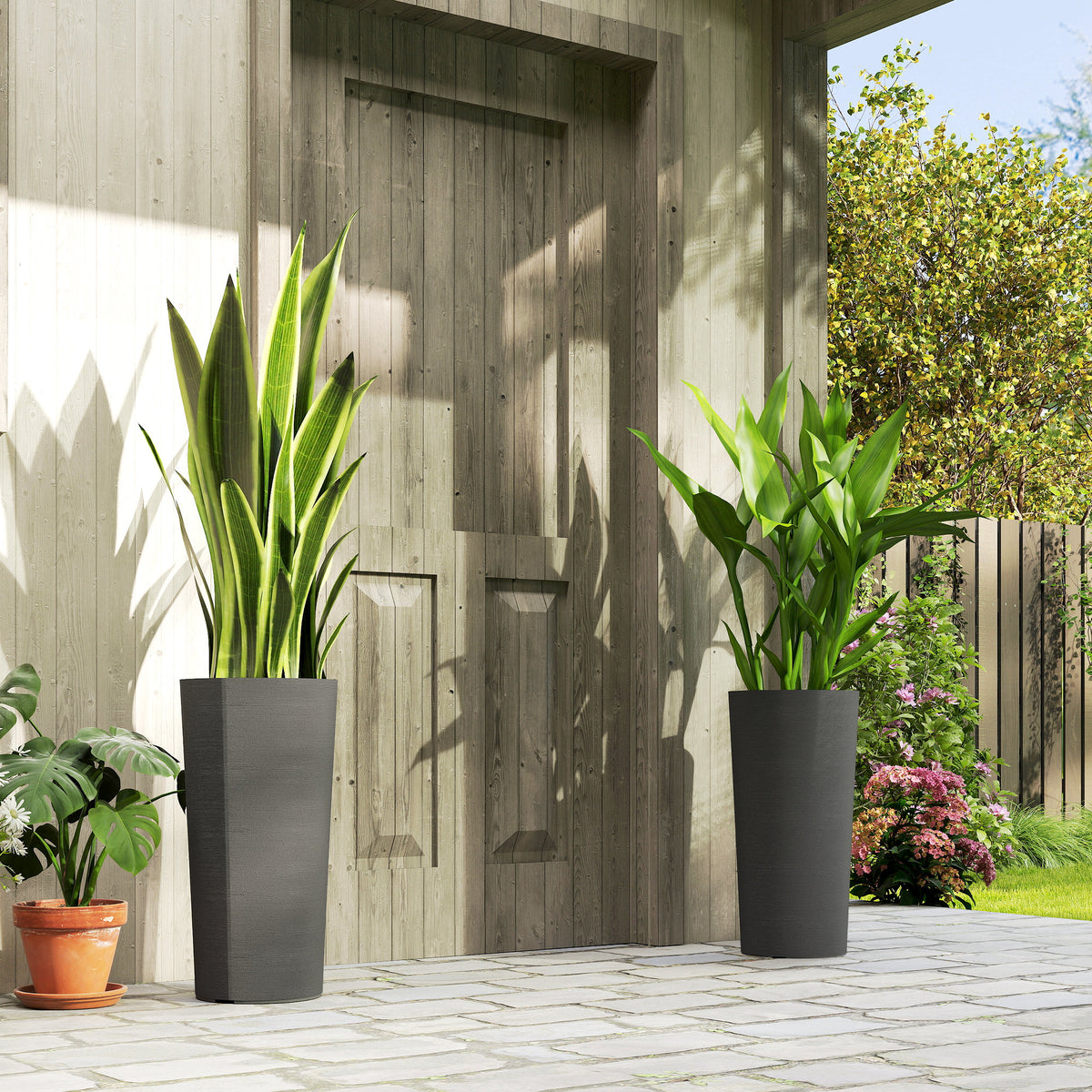 2er Set Blumentopf stapelbar Pflanzkübel mit Löcher 35x35 cm Pflanztöpfe Rund Dunkelgrau