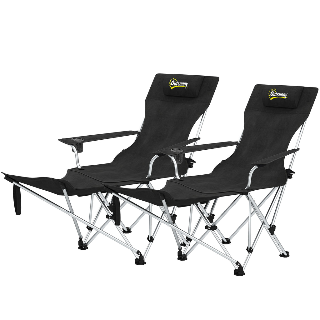 2er Set Campingstuhl faltbar Angelstuhl mit abnehmbar Fußstütze Getränkehalter belastbar 120 kg Schwarz