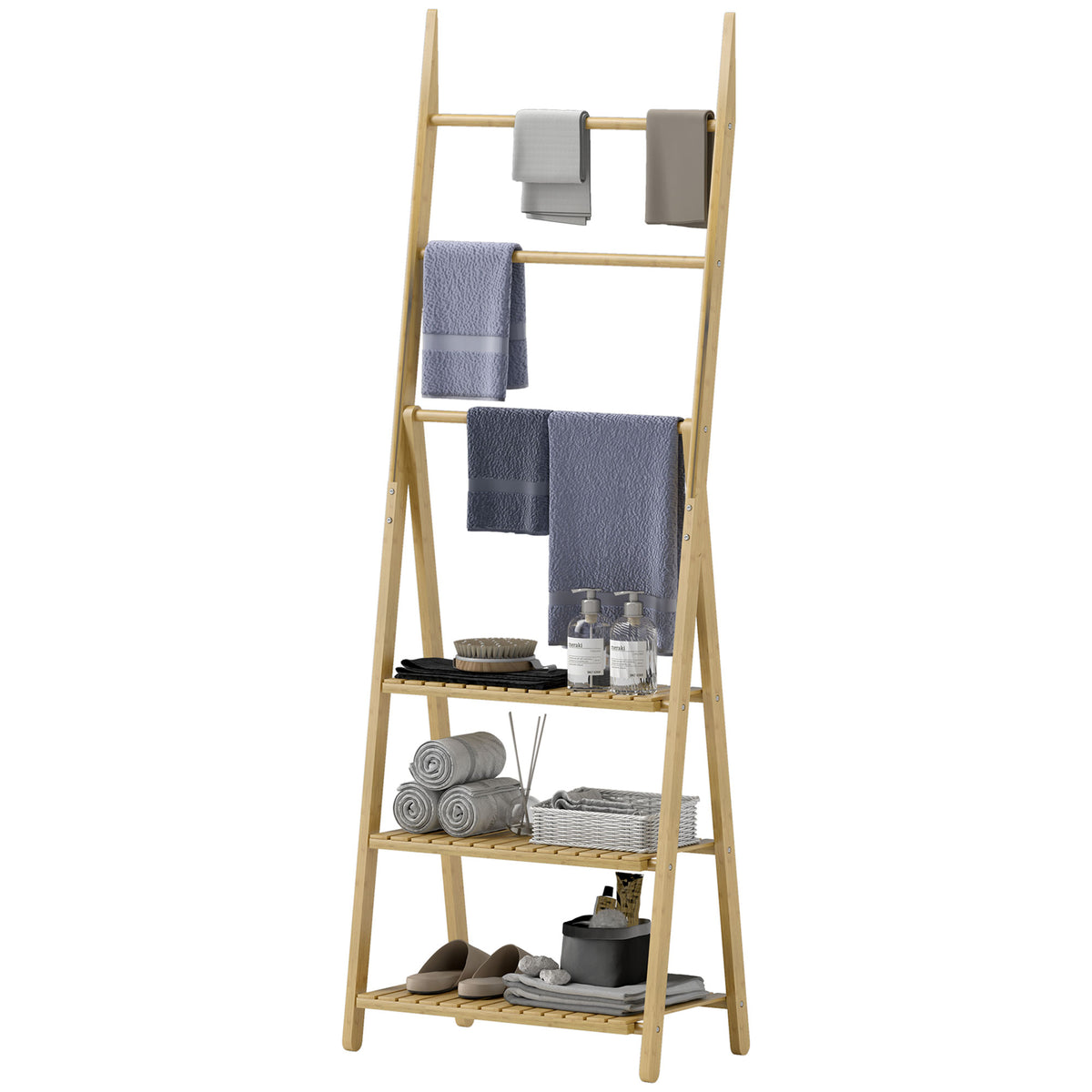 Three-Shelf Bamboo Storage Unit, with Towel Racks - Natural Finish