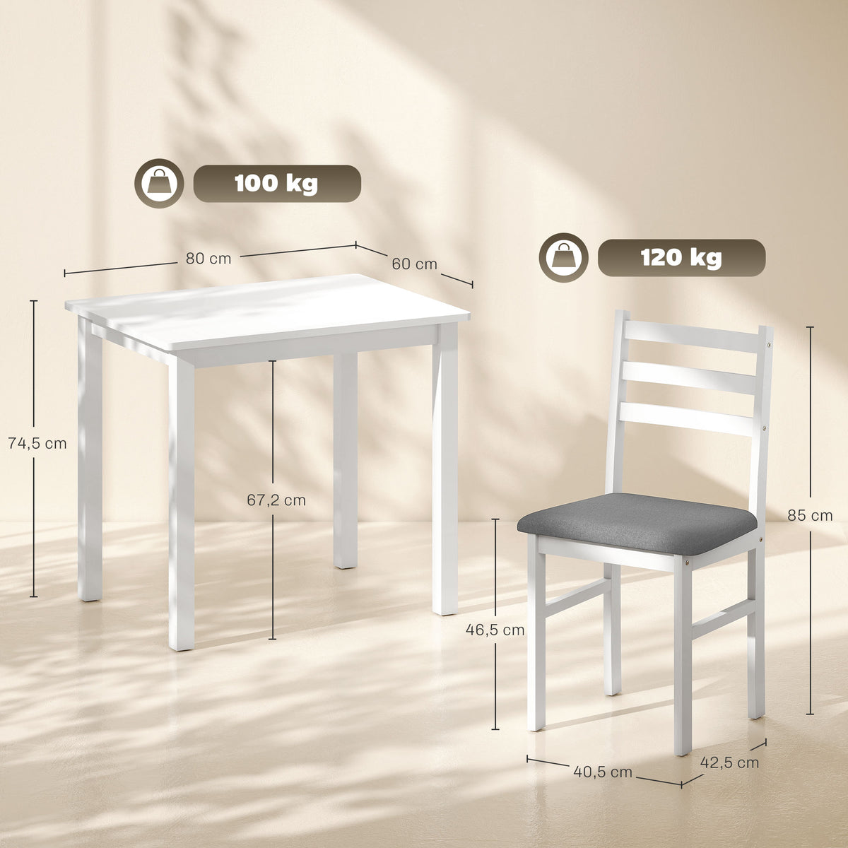 3-teiliges Esstisch-Set mit 2 Stühlen, Küchentisch für kompakte Räume, gepolsterte Stühle, platzsparend, MDF, Weiß