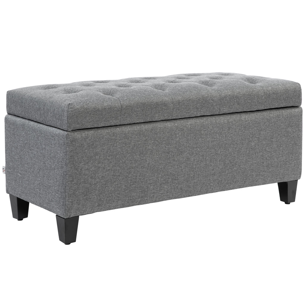 Sitzbank, Polsterbank mit Stauraum, leinenartiges?Polyester, Kautschukholz, 100 x 40 x 44 cm, Hellgrau